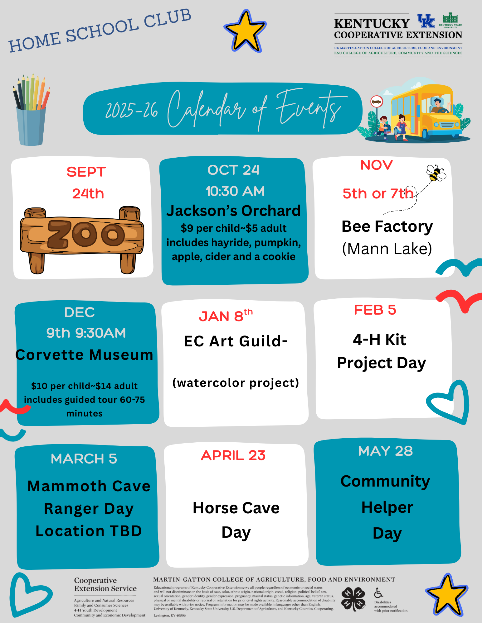 Home School Club Calendar of Events